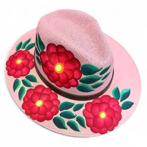 Hand-Painted Oaxaca Artisan Fedora – Pink Floral (Medium)
